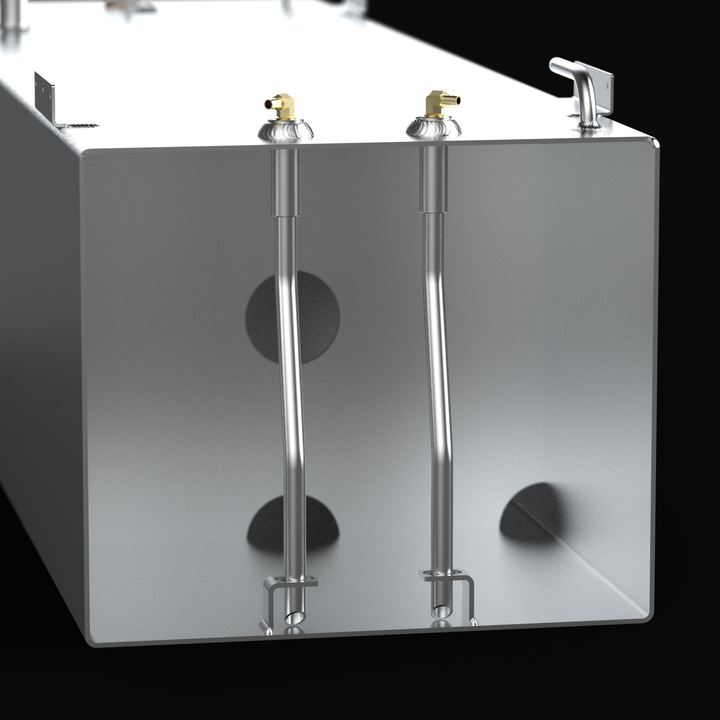 A close-up technical cross-section 3D rendering of a rectangular marine aluminum fuel tank cutaway view, detailing the internal plumbing and dual-pickup component architecture. The image focuses on the inner chamber of a flat-bottom tank fabricated from raw marine-grade 5052-H32 aluminum, highlighting internal structural baffles with circular flow-through holes. The internal assembly clearly details dual straight aluminum pickup tubes extending down to bottom-mounted anti-slosh foot brackets, which connect 