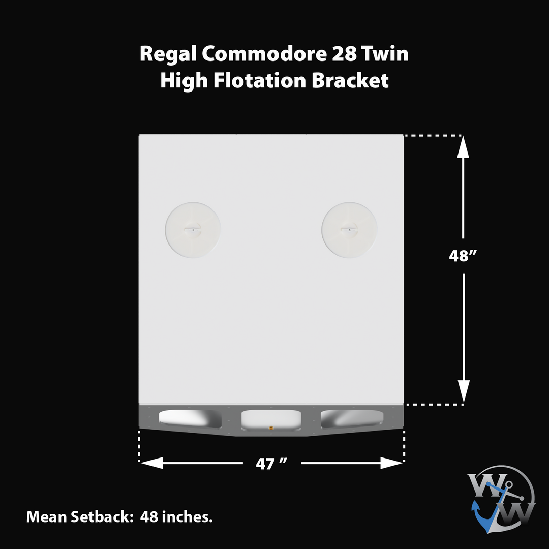 Diagram of a Whitewater/Seavee/Rampone 25 Twin Engine High Flotation Bracket, showing a rectangular white support with dimensions of 47 inches in width and 48 inches in height. The diagram indicates a mean setback of 48 inches. The bottom features three mounting points, and the background is black with white text and measurement lines. The Welding World Inc. logo is in the bottom right corner