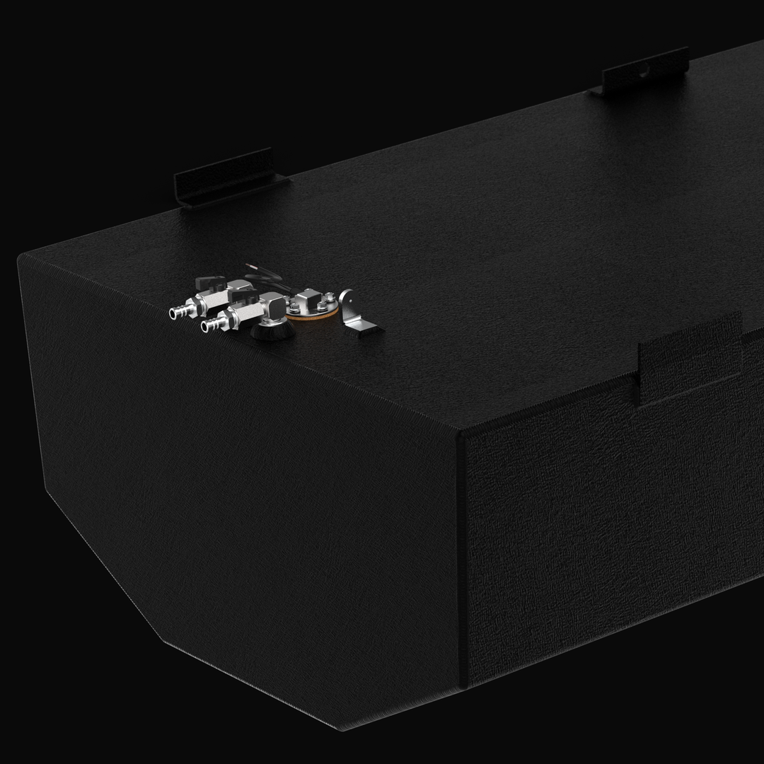Detailed close-up 3D rendering of the fuel pickup assembly on a 160-gallon Regulator Marine 23cc replacement fuel tank, showing dual anti-siphon valves, sending unit, and grounding tab on a coal-tar epoxy finished surface.