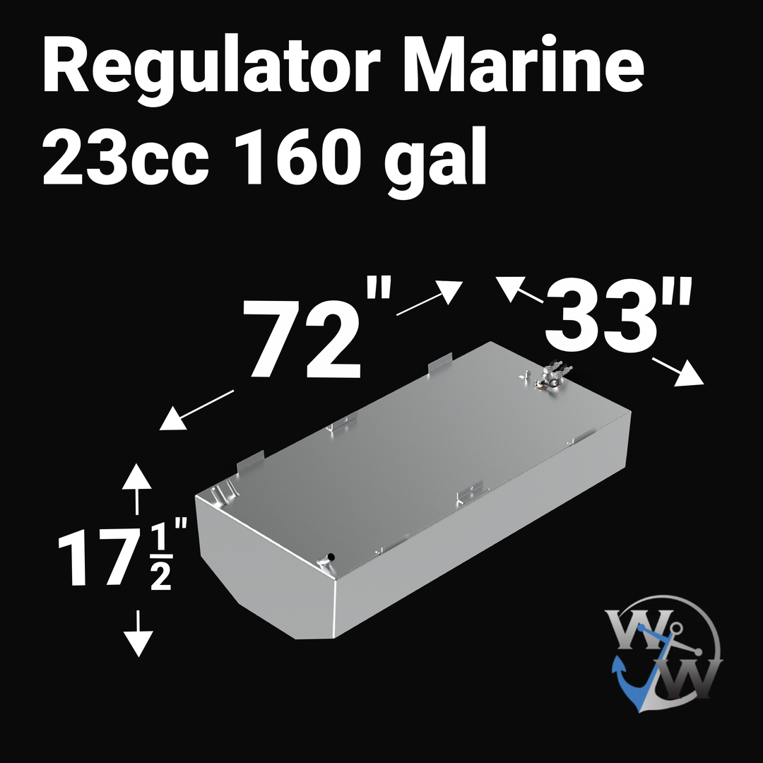 Dimensional diagram for a 160-gallon Regulator Marine 23cc replacement fuel tank, showing precise measurements: 72" length, 33" width, and 17 1/2" height. Features a silver aluminum finish with integrated mounting tabs and the Welding World logo.