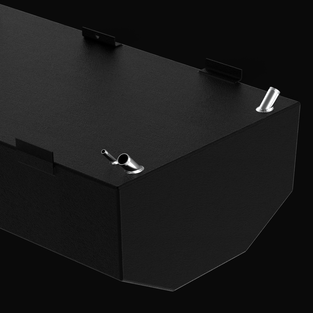 Detailed close-up 3D rendering of the fuel fill and vent ports on a 160-gallon Regulator Marine 23cc replacement fuel tank, highlighting the precision welding, mounting tabs, and protective coal-tar epoxy finish.