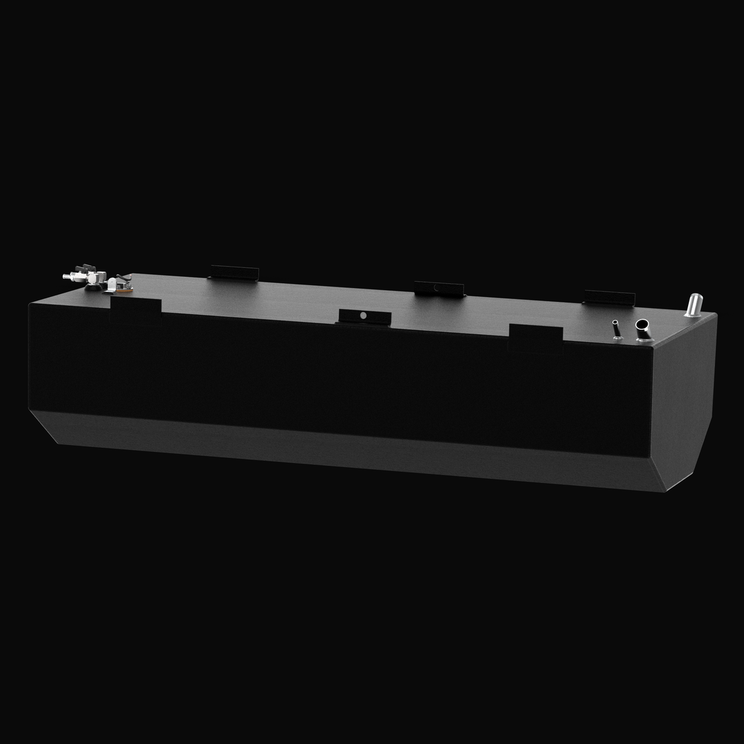 Side-profile 3D rendering of a 160-gallon Regulator Marine 23cc replacement fuel tank, showcasing the full-length mounting tabs, dual anti-siphon pickups, and coal-tar epoxy finish on a solid black background.