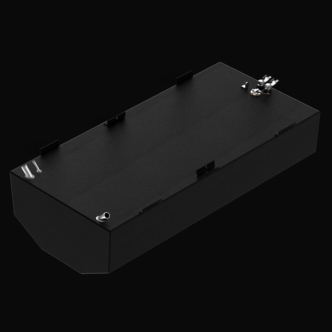 Isometric 3D rendering of a 160-gallon Regulator Marine 23cc replacement fuel tank featuring a textured coal-tar epoxy finish, integrated mounting tabs, and top-mounted stainless steel pickup and vent fittings.
