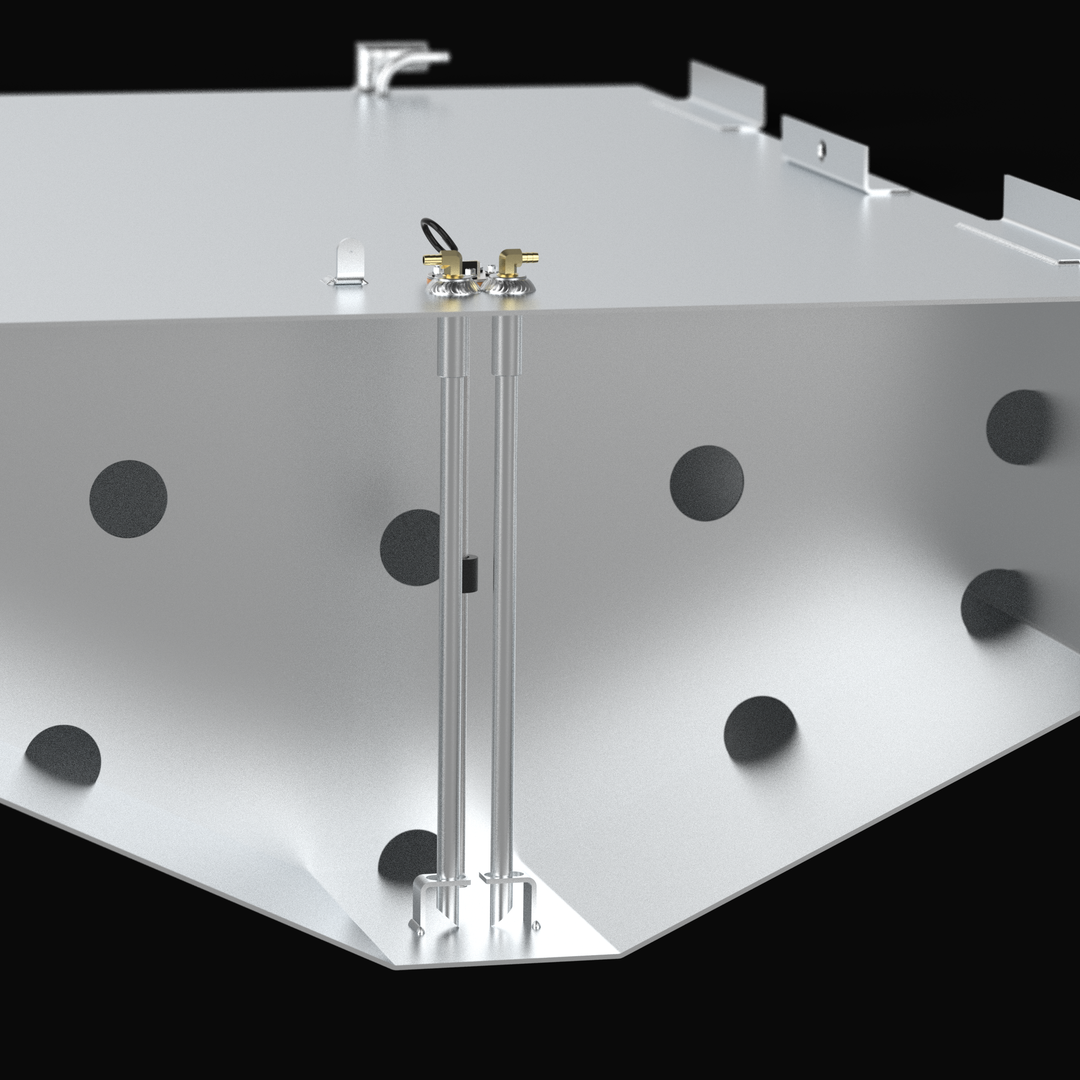 Close-up of the Regulator Marine 32 CC fuel tank showing the industrial Coal Tar Epoxy coating and the precision-welded fuel system components. This view highlights the heavy-duty sending unit, dual 90-degree fuel pickups, and 5052-H32 aluminum construction, ensuring a guaranteed OEM fit and maximum corrosion resistance for offshore use.