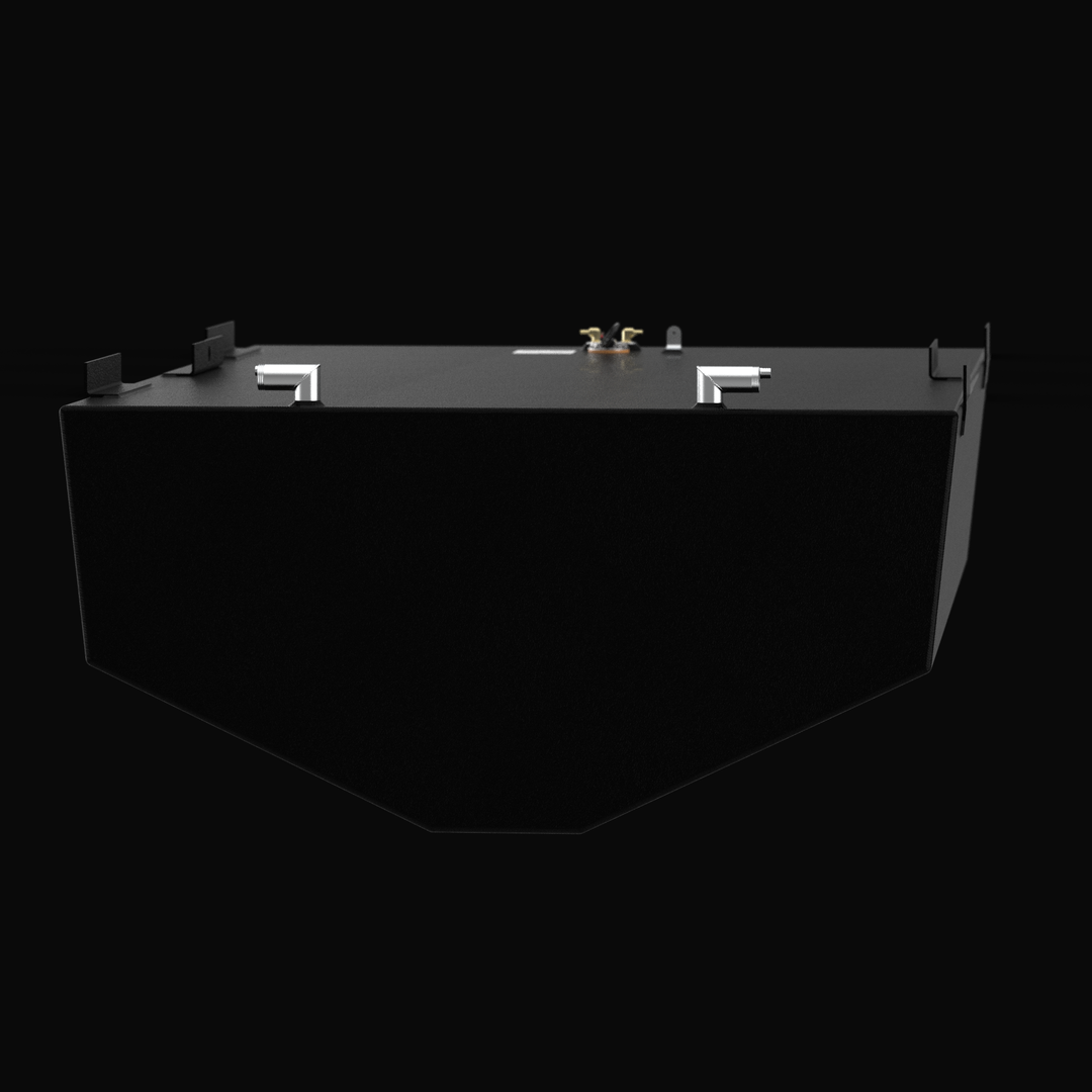 Front-facing profile of a 310-gallon Regulator Marine 32 CC fuel tank showing the heavy-duty V-bottom geometry and thick Coal Tar Epoxy coating. The view highlights the tank's industrial-grade .190" aluminum construction, precision-welded mounting tabs, and top-mounted fuel fittings, ensuring a guaranteed OEM fit within the vessel's center stringer cavity.