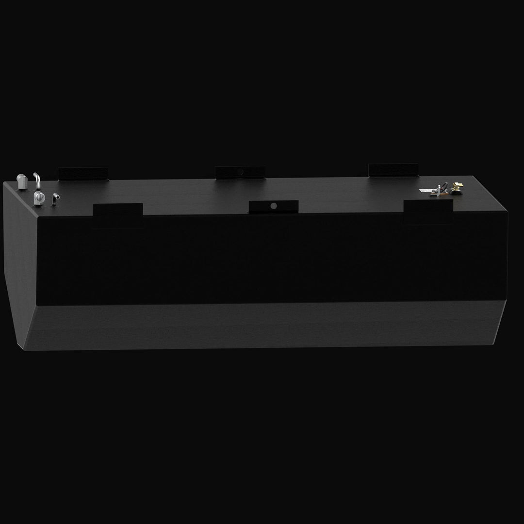 Side-profile perspective of a replacement fuel tank for a Regulator 34 CC Sport Fisher, highlighting the elongated V-bottom hull-conforming geometry and integrated side mounting tabs. The image showcases the heavy-duty .250" marine-grade aluminum construction finished with a rugged, high-build Coal Tar Epoxy coating and precision top-mounted EPA-compliant fittings, ensuring a guaranteed OEM fit and superior corrosion resistance for offshore performance.