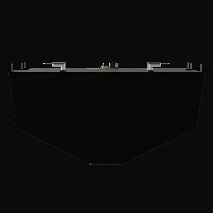 Front-perspective profile of a replacement fuel tank for a Regulator 34 CC Sport Fisher, highlighting the precision-engineered V-bottom hull-conforming geometry and side mounting tabs. The image showcases the heavy-duty .250" marine-grade aluminum construction finished with a rugged, high-build Coal Tar Epoxy coating and precision top-mounted EPA-compliant fittings, ensuring a guaranteed OEM fit and superior corrosion resistance for offshore performance.