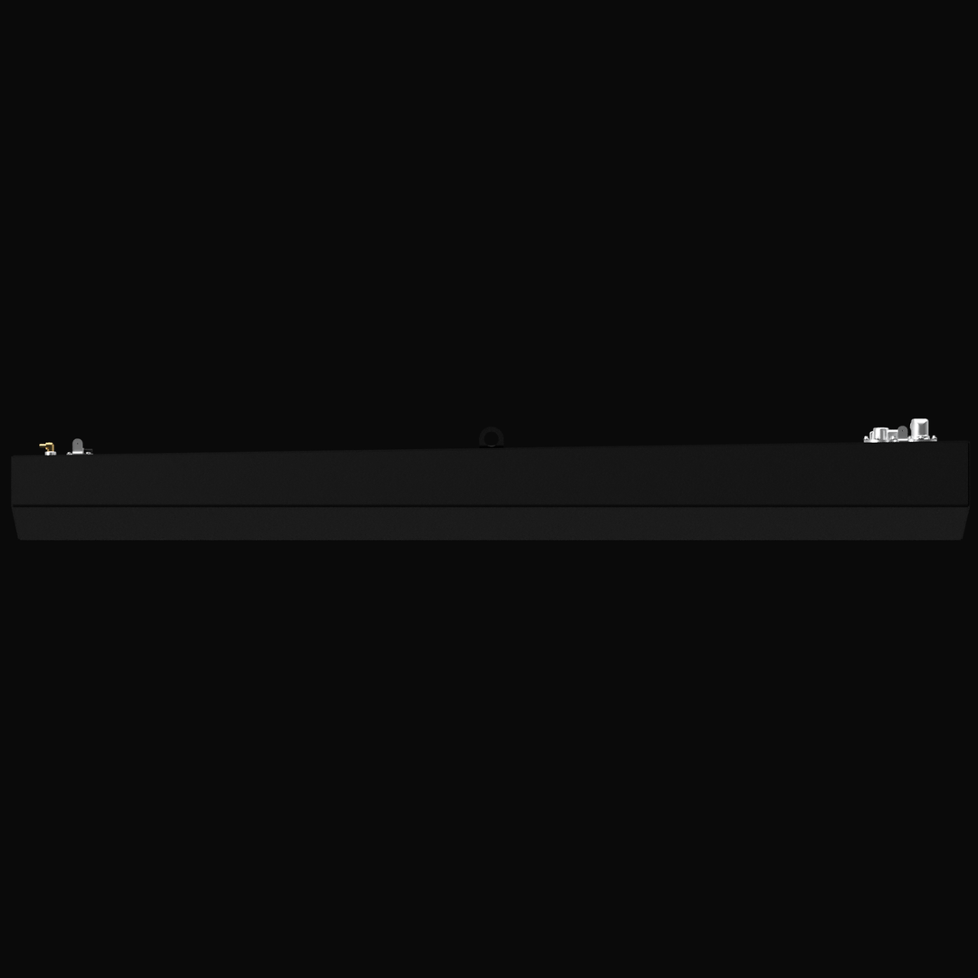 A 3D rendering of a dark gray, cubic aluminum fuel tank on a black background. Three shiny metallic fittings are visible on the top surface: two angled hoses/necks and one cylindrical fitting.