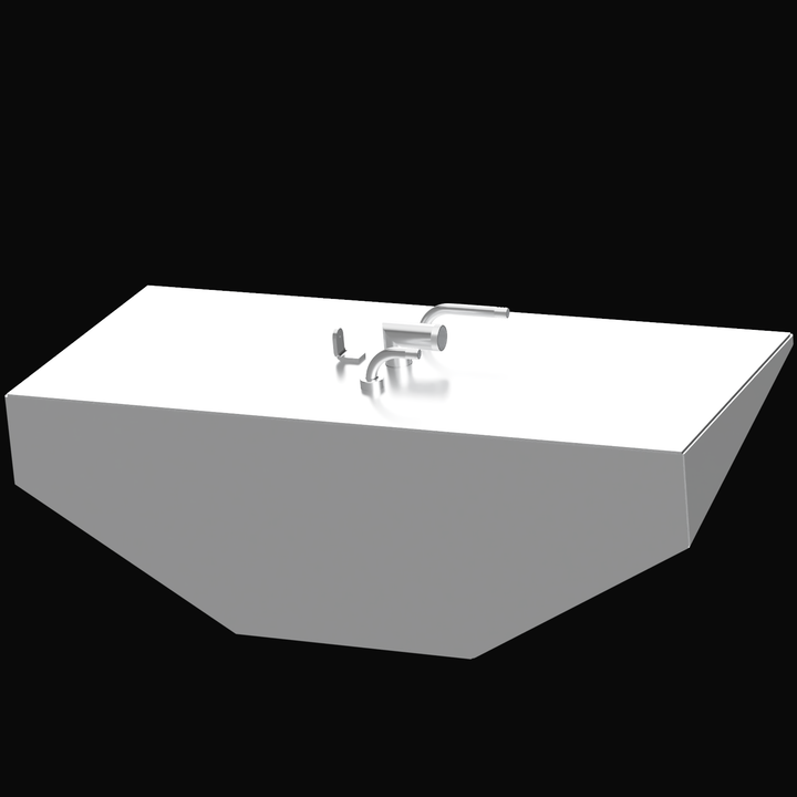 3D rendering of a light gray boat fluid tank. The tank has a rectangular shape with sloped or tapered sides on the bottom, typical of a bow tank. Several silver-colored pipe fittings are clustered near the center of the top surface, including curved pipes and an elbow fitting. The image is set against a black background.
