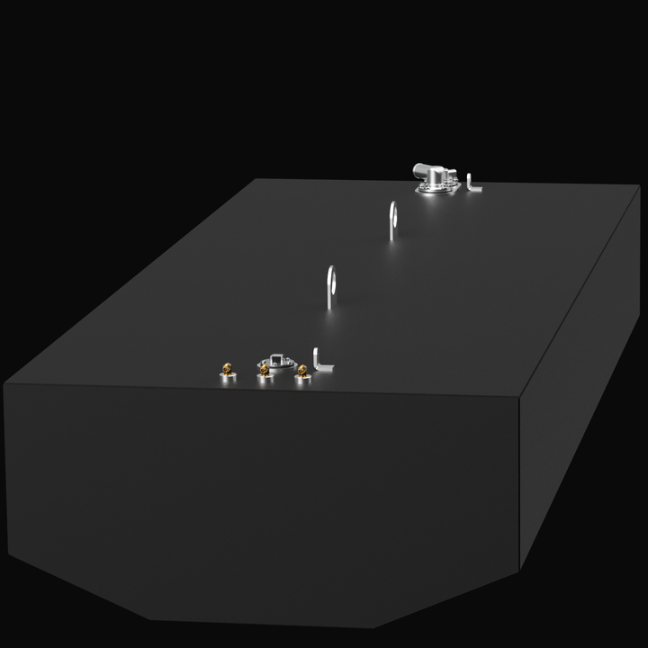 A 3D render of the Renegade 33 310-gallon Built to OEM Specs fuel tank. The large, dark grey tank has faceted corners, two clusters of fittings, and two D-rings visible on its top surface, against a black background.
