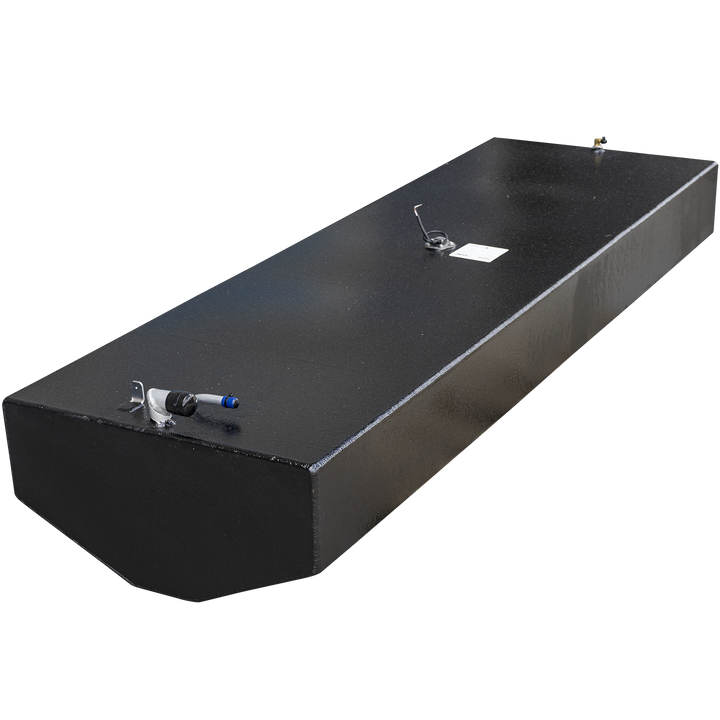 A long, rectangular, black OEM replacement belly fuel tank for a Revenge 22 1988, with a 102-gallon net capacity. The tank has a slightly textured surface and features various metal fittings on top, including a hose connection with a blue cap and a sensor or gauge with attached wires