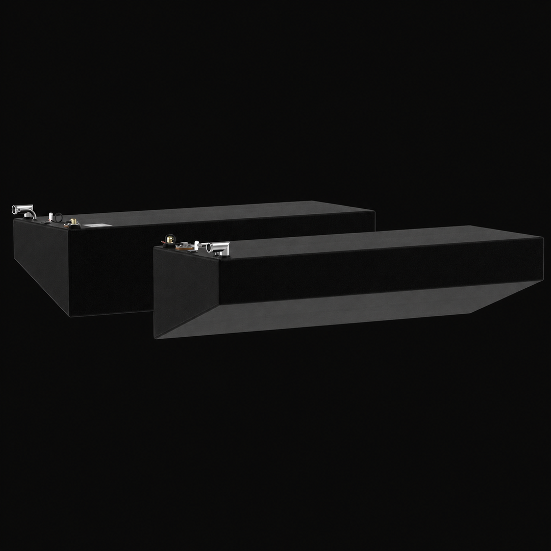 A three-quarter low-angle elevation perspective view of a black dual-tank system showcasing a Rinker Fiesta Vee 280 OEM replacement marine fuel tank combo. This parallel arrangement highlights the elongated port wing saddle tank and a matching starboard wing saddle tank, detailing their integrated asymmetric wedge-shaped angled bottoms engineered by Welding World to conform flush against the boat's outboard hull lines. Sized for a total capacity of 63 gallons, both units are precision-fabricated from heavy-