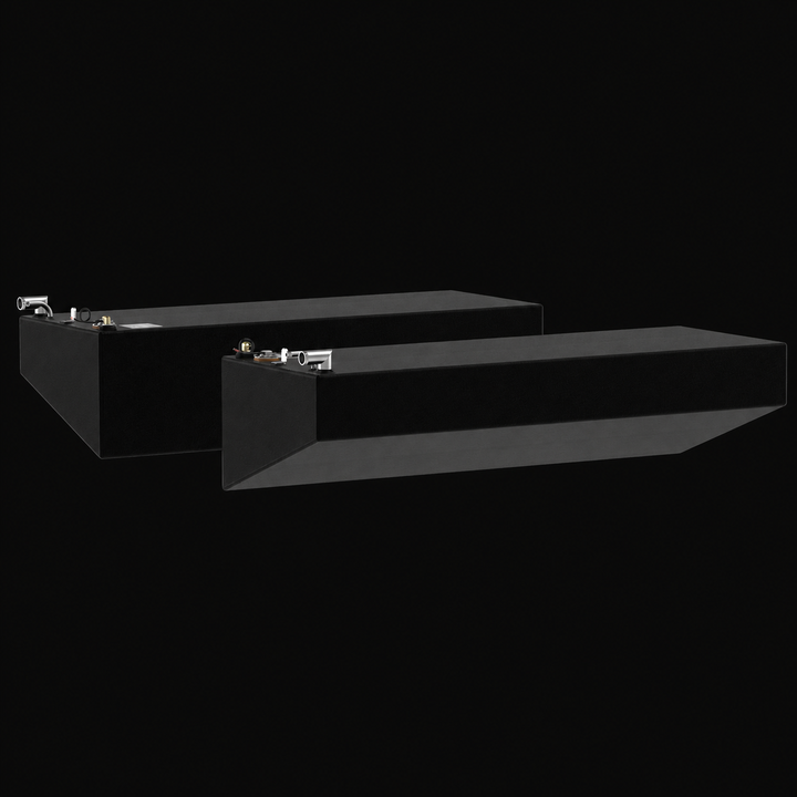 A three-quarter low-angle elevation perspective view of a black dual-tank system showcasing a Rinker Fiesta Vee 280 OEM replacement marine fuel tank combo. This parallel arrangement highlights the elongated port wing saddle tank and a matching starboard wing saddle tank, detailing their integrated asymmetric wedge-shaped angled bottoms engineered by Welding World to conform flush against the boat's outboard hull lines. Sized for a total capacity of 63 gallons, both units are precision-fabricated from heavy-