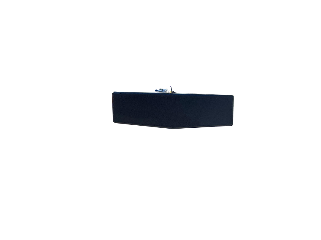 Black curved reception desk on a white background