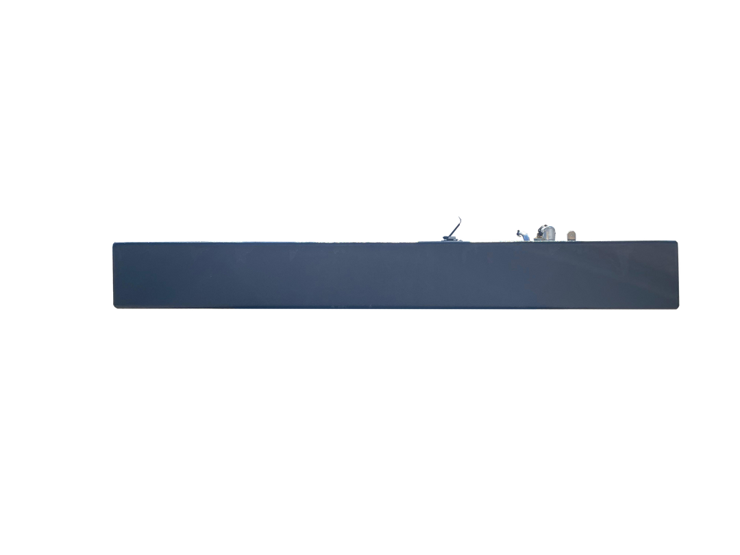 A profile photo showing the dark, heavily textured boat fuel tank with a faceted bottom. A cluster of brass, silver, and blue plastic fittings is visible on the top edge, against a transparent checkerboard background.