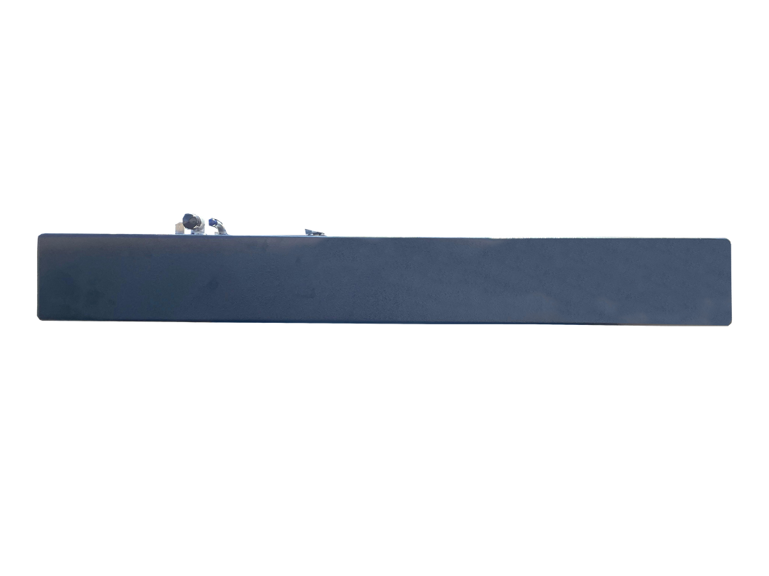 A long side profile photo of a dark, textured boat fuel tank, showing a cluster of fittings on its top edge, against a transparent checkerboard background.