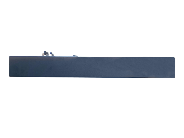 A long side profile photo of a dark, textured boat fuel tank, showing a cluster of fittings on its top edge, against a transparent checkerboard background.