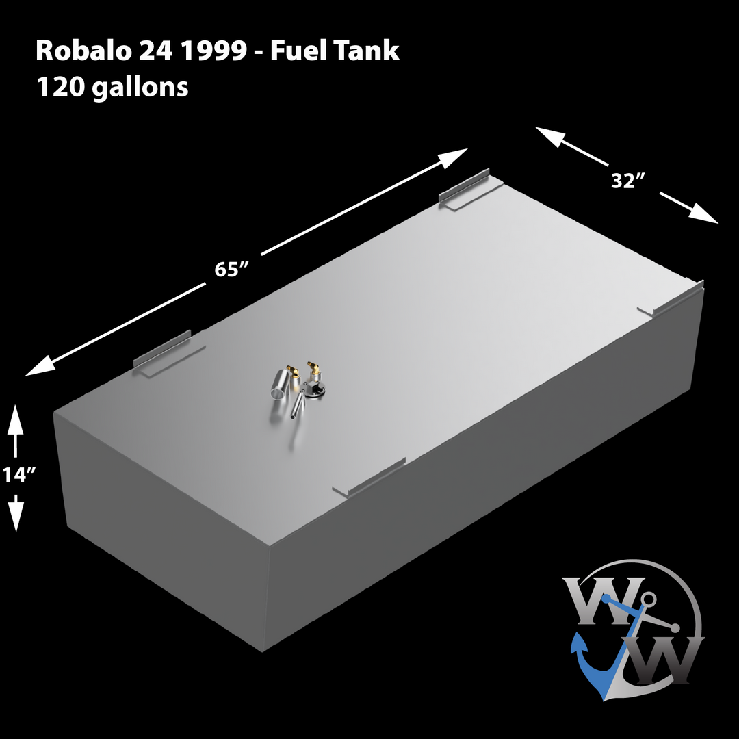 A gray Robalo 24' 1999 fuel tank with a 120-gallon capacity, measuring 65" long, 32" wide, and 14" high, with visible top fittings and a "W" anchor logo