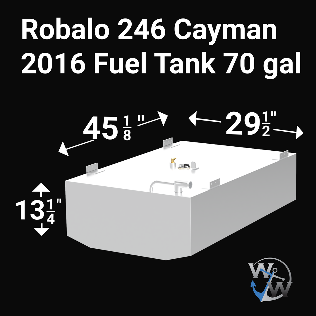 Alt text: A white rectangular fuel tank with multiple fittings on top, labeled "Robalo 246 Cayman 2016 70 gal." The tank measures 45 1/8 inches in length, 29 1/2 inches in width, and 13 1/4 inches in height, with mounting brackets on the top edges
