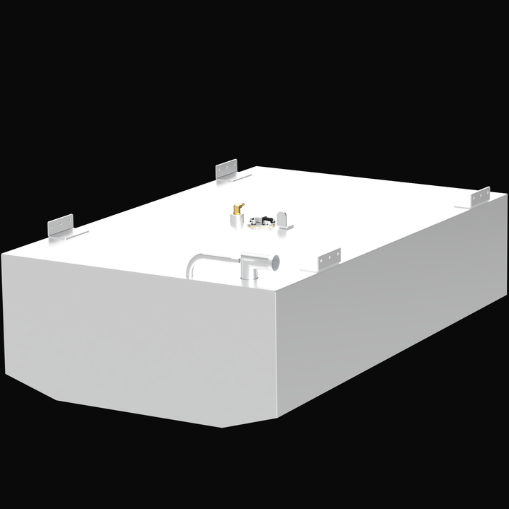 Alt text: A white rectangular fuel tank with multiple fittings and pipes on its top surface, labeled "Robalo 246 Cayman 2016 70 gal." The tank has four mounting brackets on the top edges.

