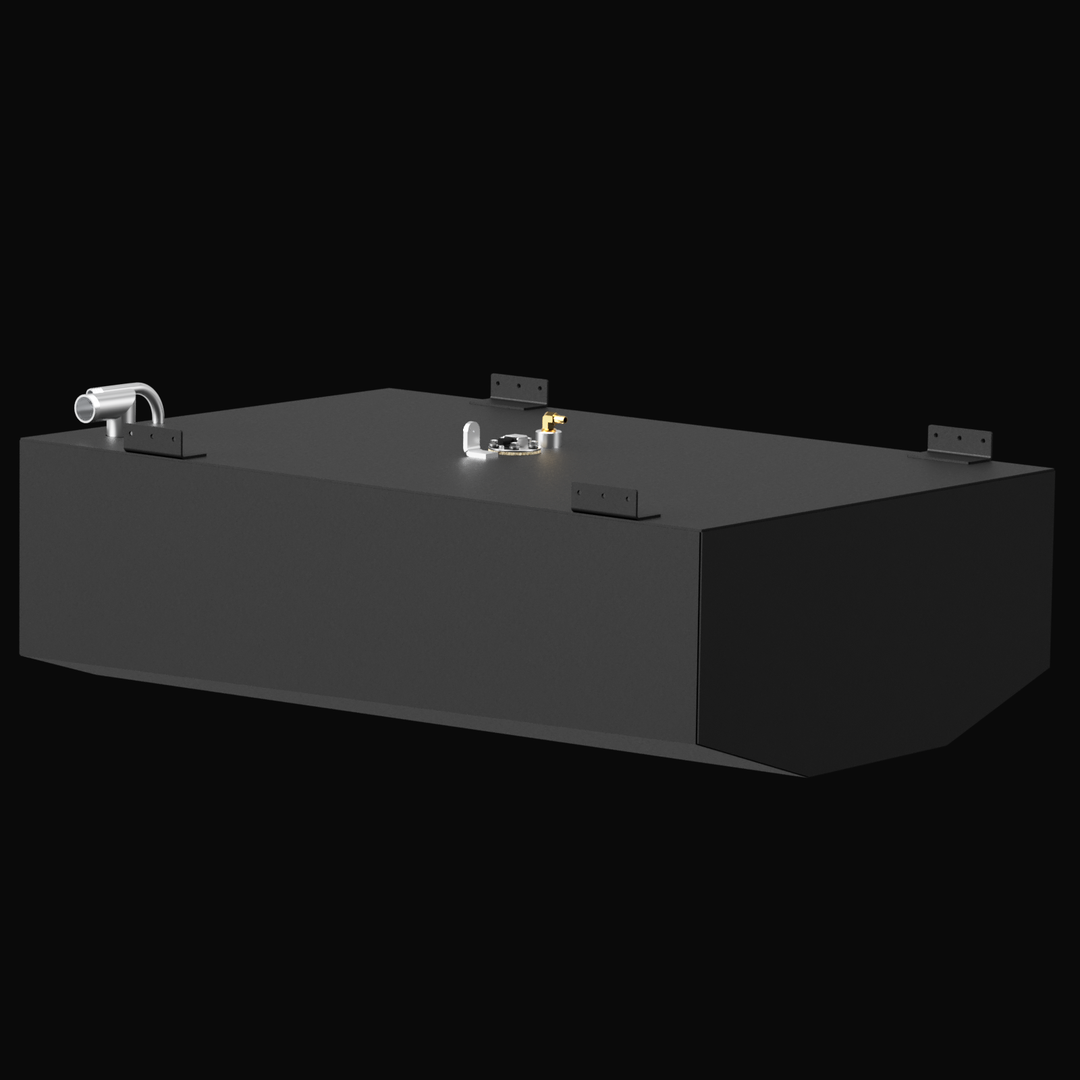 A rectangular black fuel tank with metal fittings and pipes on top, mounted with four brackets. The tank is labeled "Robalo 246 Cayman 2016 70 gal" and is set against a black background