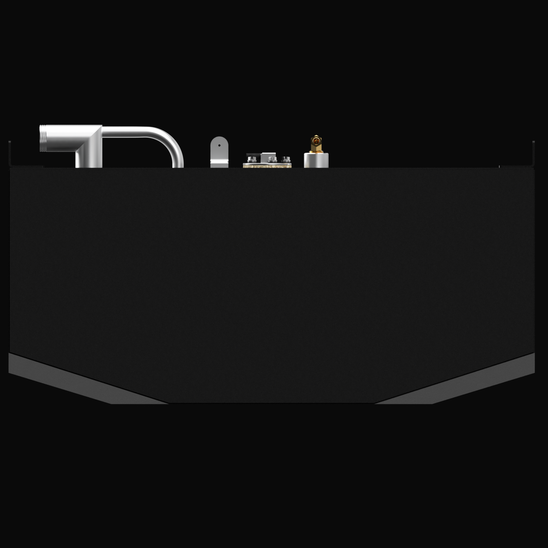 A black rectangular fuel tank with various metal fittings and pipes on top. The tank has a label that reads "Robalo 246 Cayman 2016 70 gal" and features a sleek, industrial design