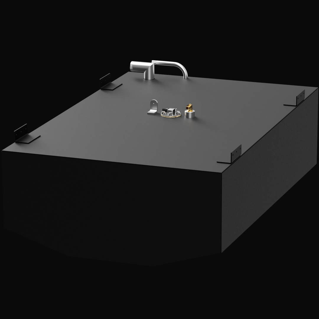 A black, rectangular fuel tank with metal fittings and a curved pipe on top. The tank has mounting brackets on the sides and is labeled "Robalo 246 Cayman 2016 70 gal." It is set against a black background