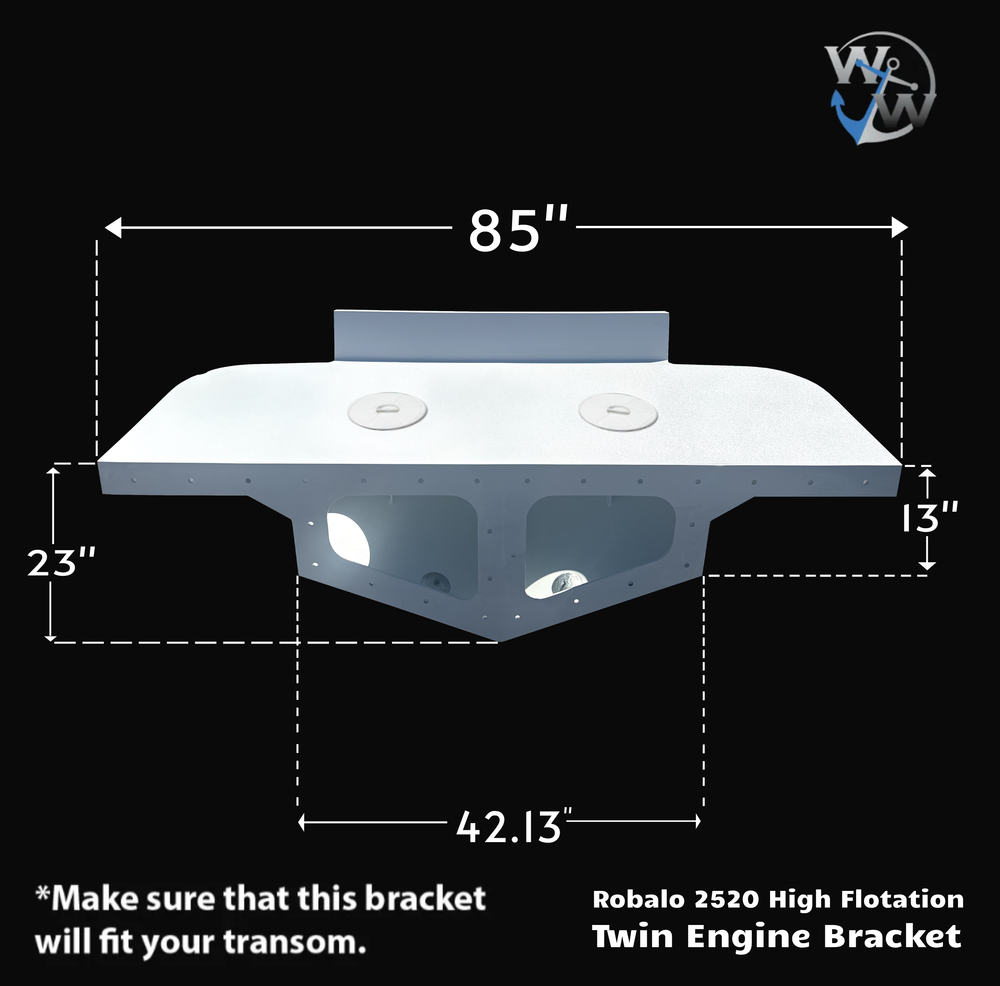 Robalo 2520 High Flotation Twin Engine Bracket, featuring a white design with dimensions of 85 inches in width, 23 inches in depth, and 13 inches in height, along with a 42.13-inch spacing for engine mounts. The bracket is designed for high flotation and compatibility with the Robalo 2520 model