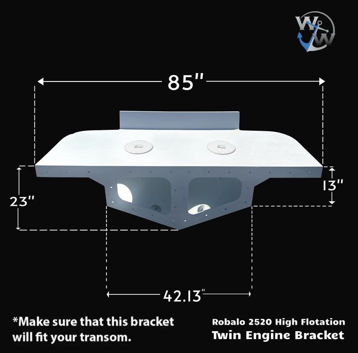 Robalo 2520 High Flotation Twin Engine Bracket, featuring a white design with dimensions of 85 inches in width, 23 inches in depth, and 13 inches in height, along with a 42.13-inch spacing for engine mounts. The bracket is designed for high flotation and compatibility with the Robalo 2520 model