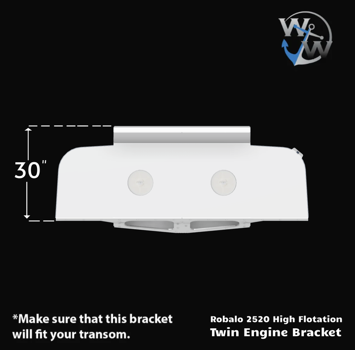 IIlustration of the Robalo 2520 95 High Flotation Twin Engine Bracket, featuring a top view with dimensions indicating a width of 30 inches, designed to fit the transom of a boat