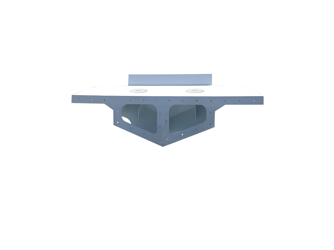 Robalo 2520 95 High Flotation Twin Engine Bracket, featuring a sleek white design with a central mounting area and two cut-out sections for engine installation, displayed against a transparent background