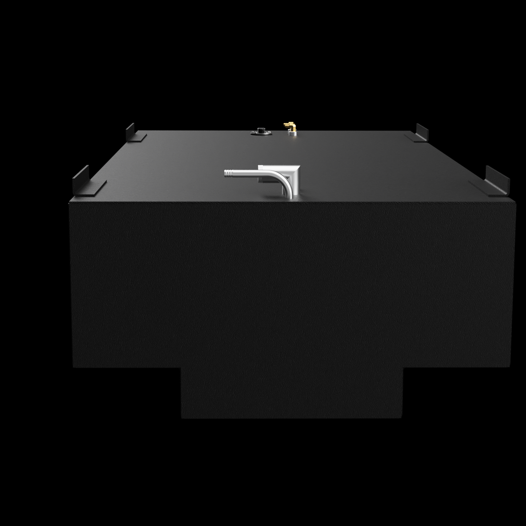 A direct frontal view of a black, rectangular marine fuel tank. The tank has a distinctive stepped design on its bottom edge, where a lower section extends forward. Four L-shaped mounting brackets are visible on the top surface. Towards the front, a silver curved pipe fitting extends from the top, and further back, smaller fittings and a golden nozzle are present. The tank is positioned against a solid black background