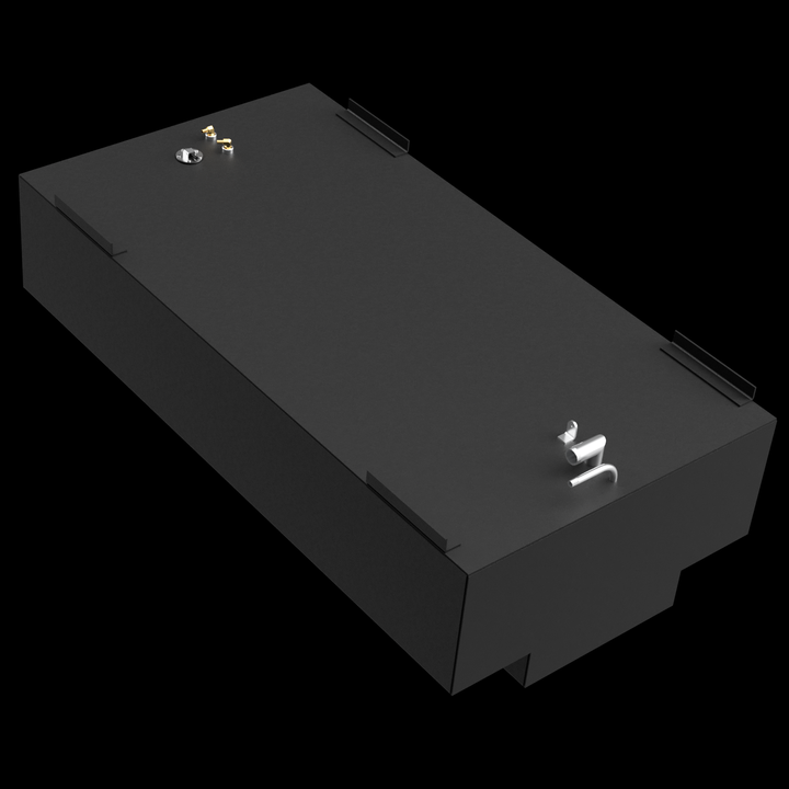 A black, rectangular fuel tank with a stepped cut-out on its bottom and various fittings on its top surface, shown from an upper-left perspective against a black background