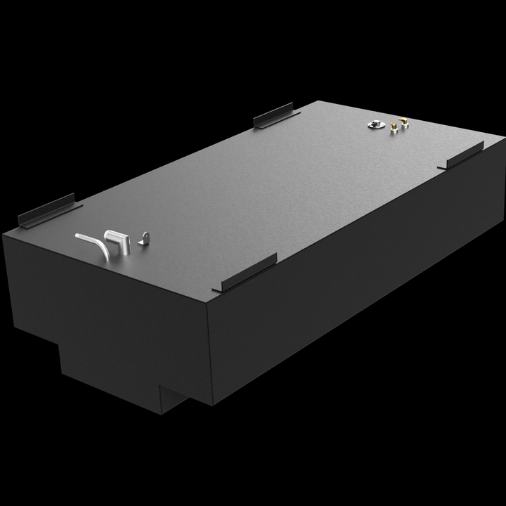 A black, rectangular fuel tank with a stepped bottom, featuring four mounting brackets and various metal fittings on its top surface, against a black background