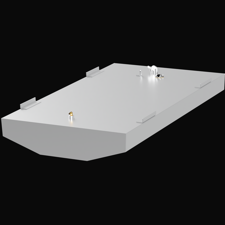 An angled, top-down 3D render of a Robalo CC 77-gallon Built to OEM Specs fuel tank, showing the light grey tank's fittings and mounting tabs against a black background.