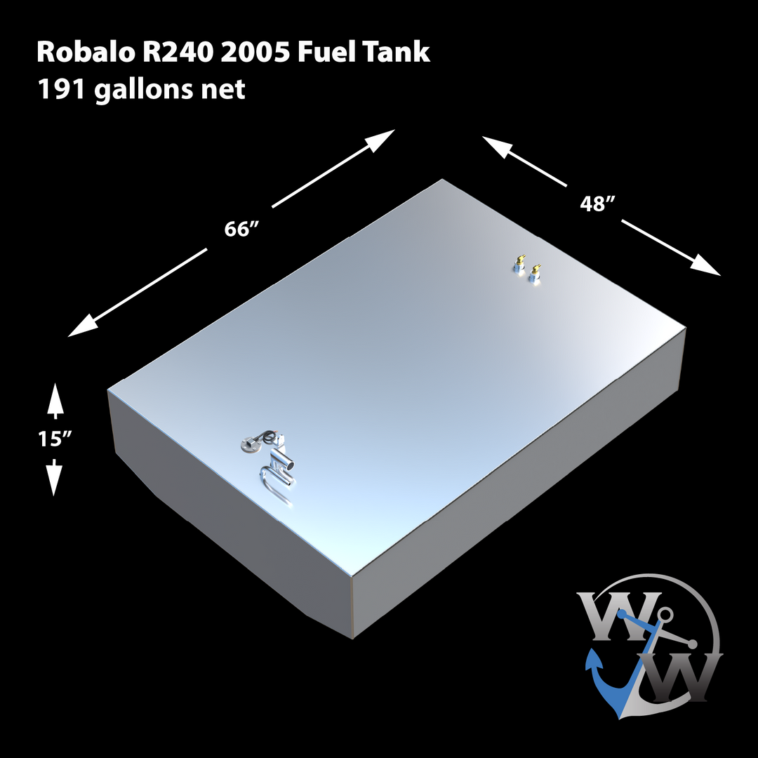 This image shows a 3D rendering of a rectangular fuel tank with a smooth, metallic finish. The tank has a few fittings on its top surface, including two brass-colored valves or connectors at one corner and a circular metal plate with attached components near the opposite corner. The tank is labeled as "Robalo R240 2005 Fuel Tank" with a capacity of 191 gallons net. Its dimensions are marked as 66 inches in length, 48 inches in width, and 15 inches in height