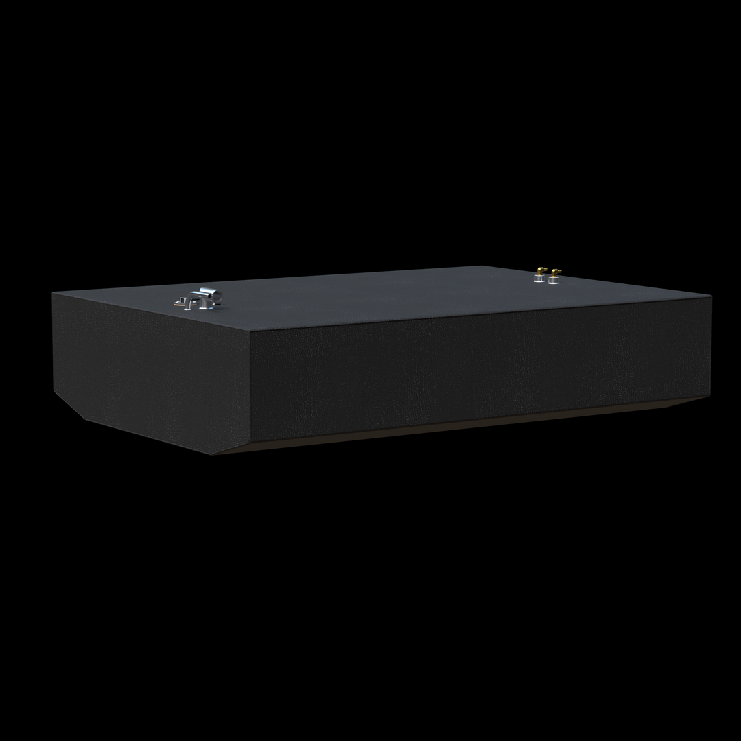This image shows a 3D rendering of a boat fuel tank with a black textured finish. The tank is rectangular with slightly tapered edges on the front side. On the top surface, there are multiple fittings, including two small brass connectors clustered together and a larger chrome or silver fitting near one corner. The tank appears solid and durable, designed as an OEM replacement fuel tank, shown against a solid black background