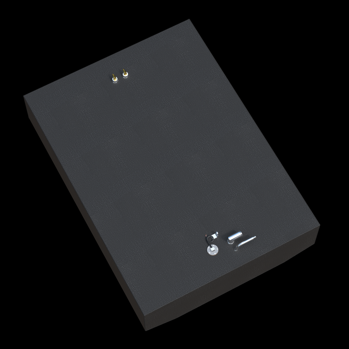 This image shows a 3D rendering of a rectangular boat fuel tank with a textured black finish. The tank has slightly tapered edges on the front side. On the top surface, there are several fittings, including two small brass connectors clustered together near one corner and a set of three chrome or silver components arranged near another corner. The tank appears sturdy and is presented against a solid black background, designed as an OEM replacement fuel tank