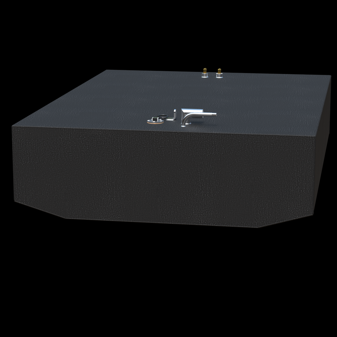 A black rectangular boat fuel tank with slightly angled edges on the front. The top surface features multiple fittings including two small brass connectors, a larger silver pipe, and a round component with an attached sensor and wire. The tank has a textured finish and is shown against a transparent background