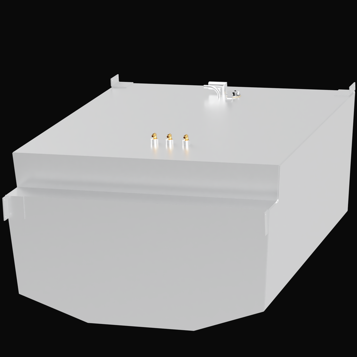 High-angle isometric 3D CAD rendering of a Robalo R305 (294 gal) OEM replacement fuel tank. The model is displayed in a matte silver aluminum finish against a solid black background, showcasing the V-shaped bottom profile and top-mounted brass fittings.