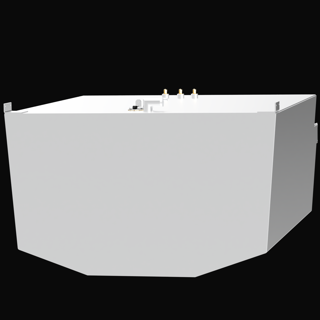 High-angle isometric 3D CAD render of a matte silver Robalo R305 (294 gal) fuel tank.