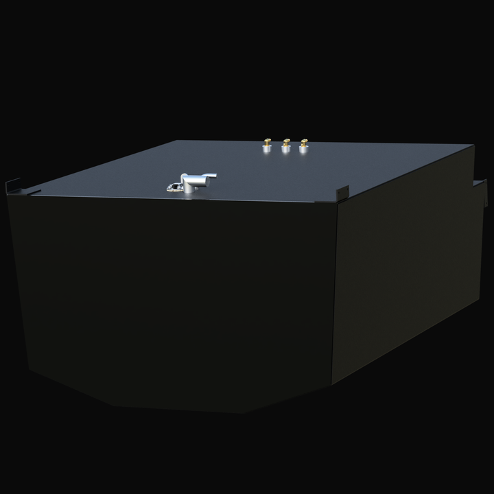 Reverse isometric 3D CAD render of a Robalo R305 (294 gal) fuel tank with black TarGard coating.