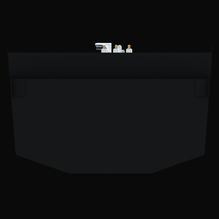 Front profile view of a Robalo R305 (294 gal) black epoxy fuel tank showing V-hull bottom shape.