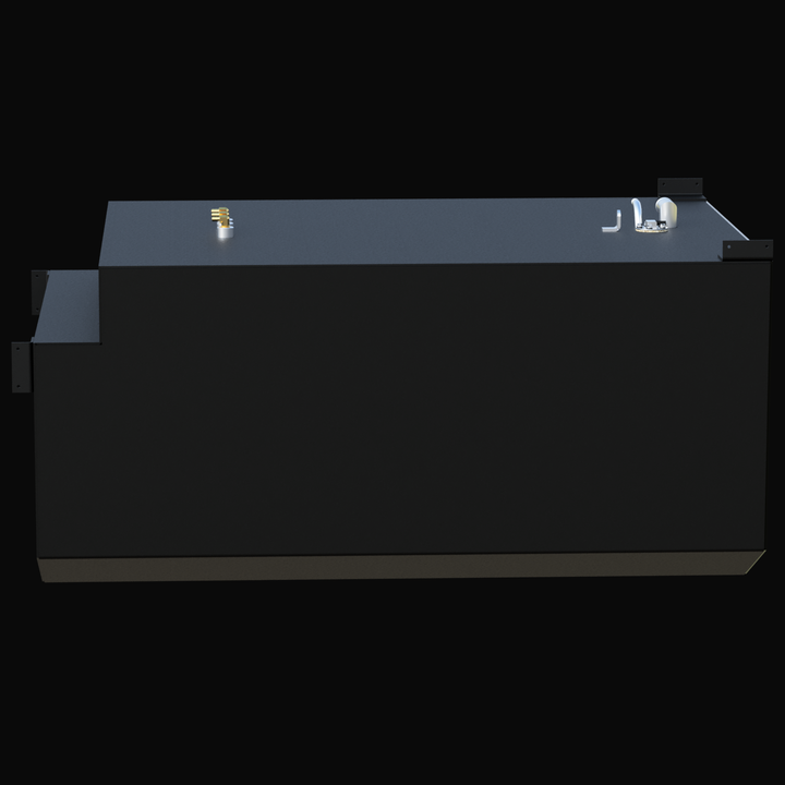 Side profile view of a Robalo R305 (294 gal) black epoxy fuel tank showing stepped design.