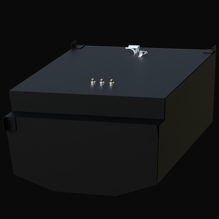 High-angle isometric 3D CAD render of a Robalo R305 (294 gal) fuel tank with black TarGard epoxy coating.