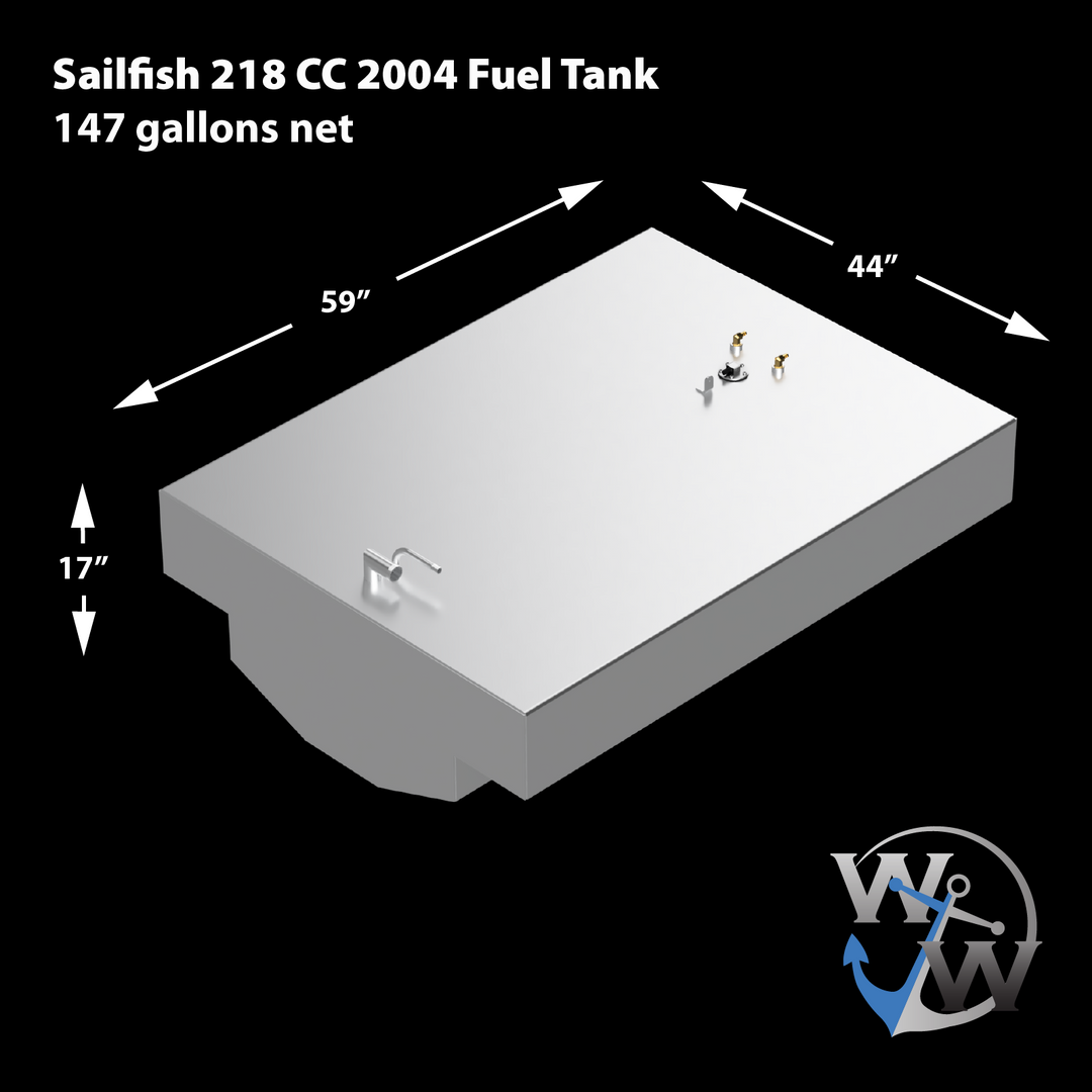A diagram of a Sailfish 218 CC 2004 Fuel Tank, 147 gallons net, a rectangular tank with a cut-out section on its underside and a rounded front. Its dimensions are 59 inches long, 44 inches wide, and 17 inches high. Various fittings are visible on its top surface. The "W & W" logo with an anchor is displayed in the bottom right corner