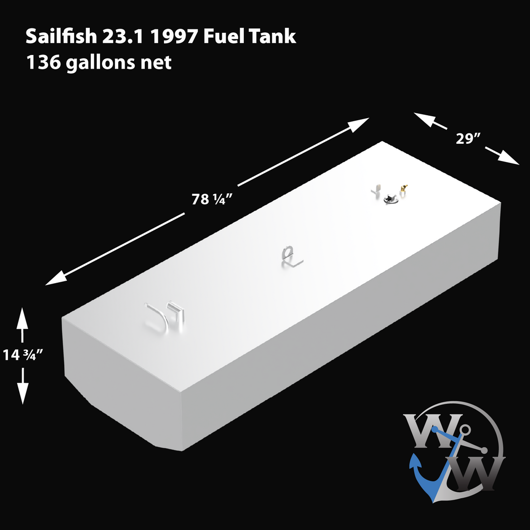A 3D rendered diagram of a Sailfish 23.1 1997 OEM replacement fuel tank with a net capacity of 136 gallons. The tank is rectangular with chamfered corners on one side and several fittings on top, including a filler, vent, and sensor mounts. The dimensions are marked with arrows and text: 78 1/4 inches in length, 29 inches in width, and 14 3/4 inches in height. The bottom right corner of the image features the Welding World logo with a water drop and anchor icon