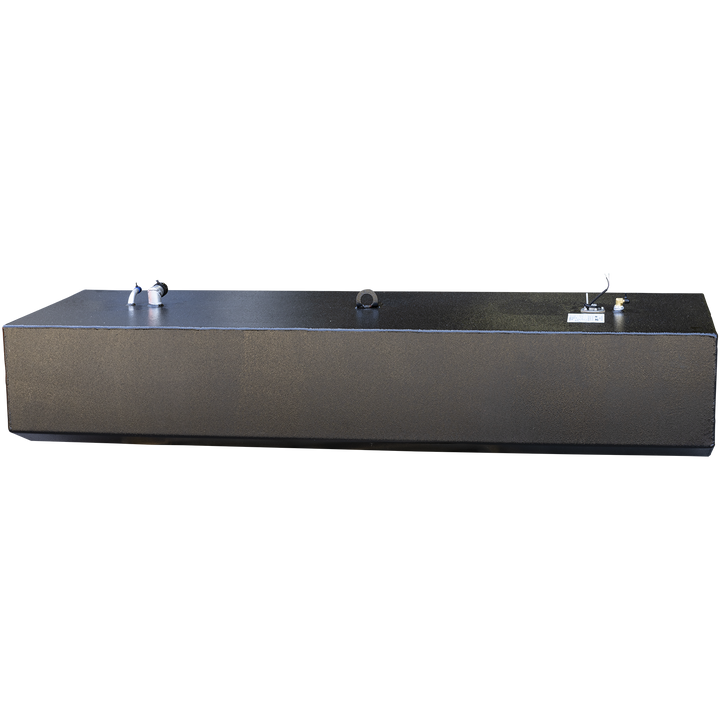 A rectangular black metal fuel tank shown from the front with a slightly textured surface. The tank has a clean, smooth finish with welded edges. On the top surface, several fittings and a mounting bracket are visible, including a white pipe with a blue cap and a sensor or valve assembly near one corner. The background is transparent, highlighting the tank’s shape and details