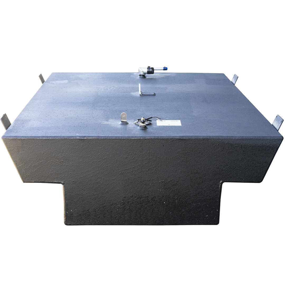 A black OEM replacement belly fuel tank for a Sailfish 236 2003 model with a net capacity of 127 gallons. The tank has a rectangular shape with an extended notch on one side. The top surface includes several fittings, such as a pipe, lifting tabs, and connectors clustered near one end. The tank is photographed against a transparent background with natural lighting that highlights the texture of its surface and casts soft shadows