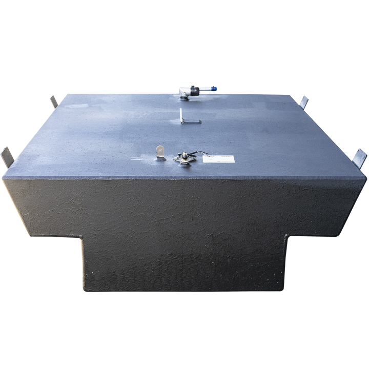 A black OEM replacement belly fuel tank for a Sailfish 236 2003 model with a net capacity of 127 gallons. The tank has a rectangular shape with an extended notch on one side. The top surface includes several fittings, such as a pipe, lifting tabs, and connectors clustered near one end. The tank is photographed against a transparent background with natural lighting that highlights the texture of its surface and casts soft shadows